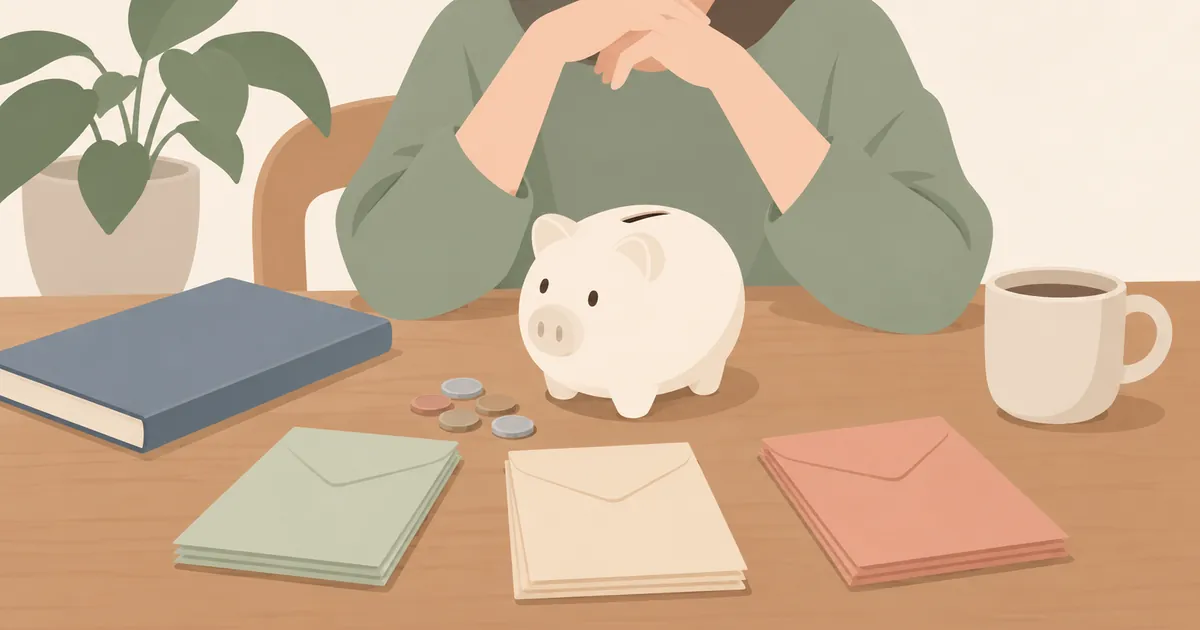 貯金箱と封筒を並べてボーナスの使い道を考える