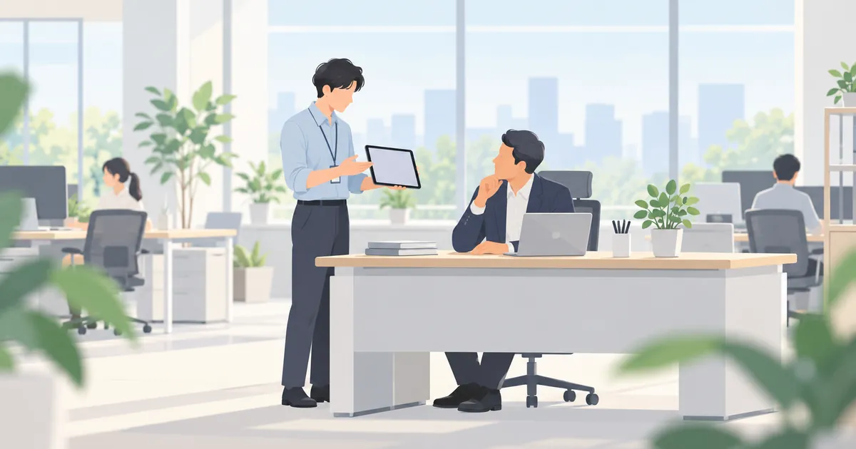 オフィスで上司にタブレットを見せながら話す社員
