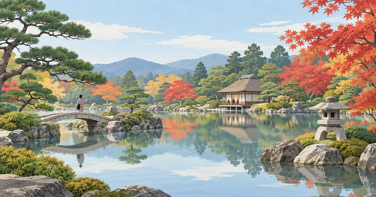 石橋と石灯籠、松と紅葉が池に映る日本庭園