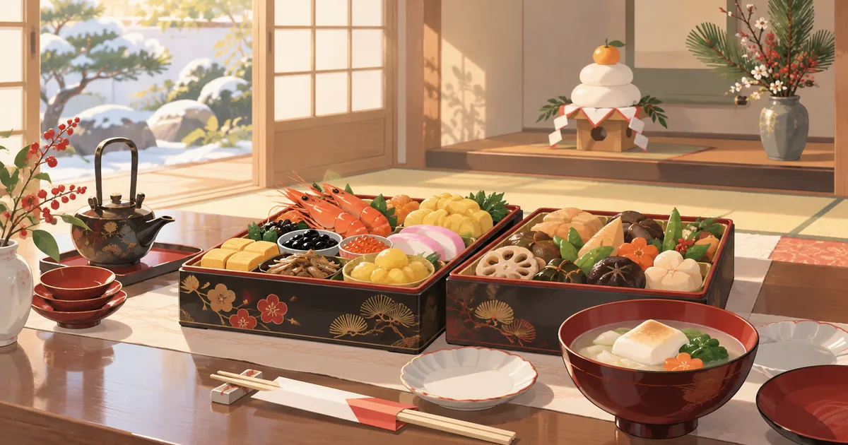 座卓の上のおせち料理の重箱とお雑煮、床の間の鏡餅