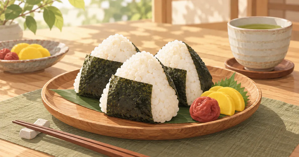木の皿にのったのり巻きの三角おにぎりと梅干し、たくあん