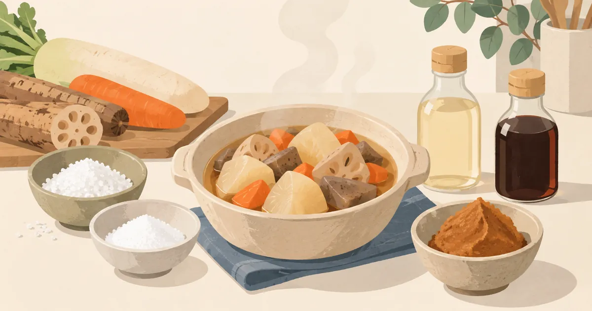煮物の鍋を囲む瓶や小鉢の調味料