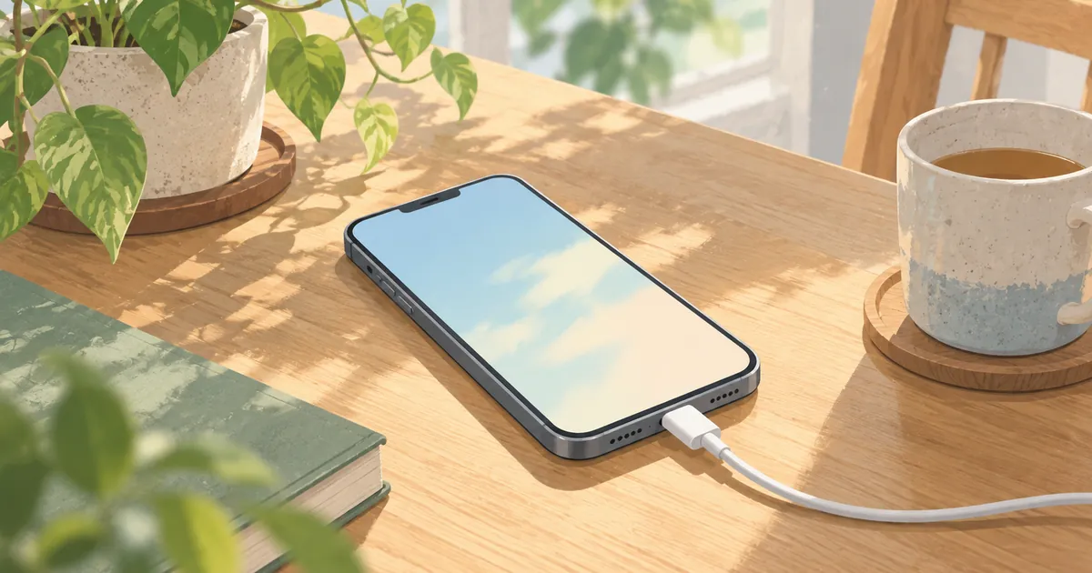 木のテーブルの上で充電ケーブルにつながれたスマートフォン