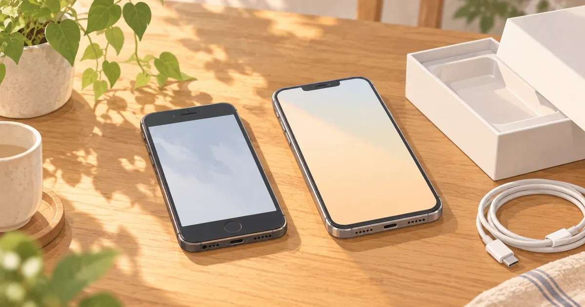 テーブルに並んだ古いスマホと新しいスマホ、箱と充電ケーブル