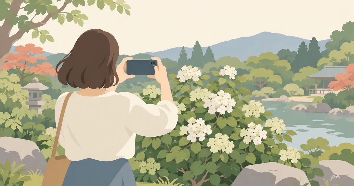 両手でスマホを構えて風景を撮る人