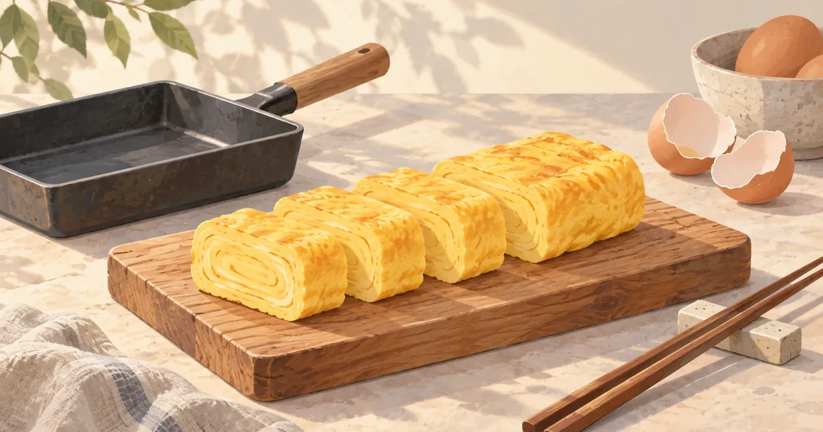 まな板の上で切り分けた卵焼きと卵焼き器、菜箸