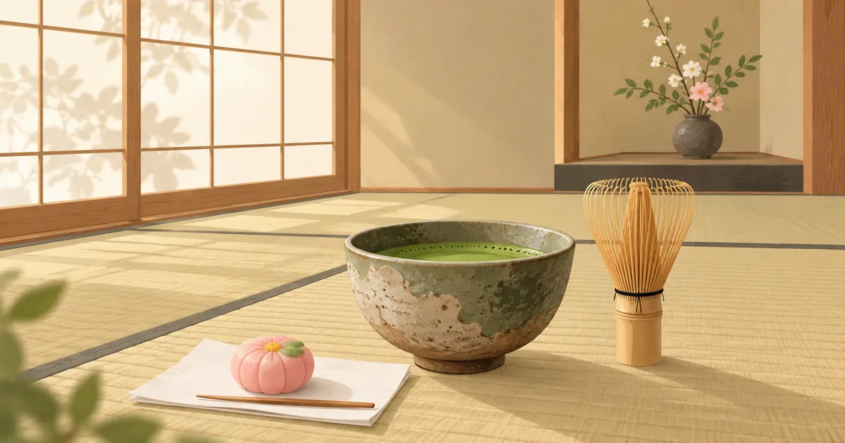 茶室の畳に置かれた抹茶の茶碗と茶筅、季節の和菓子