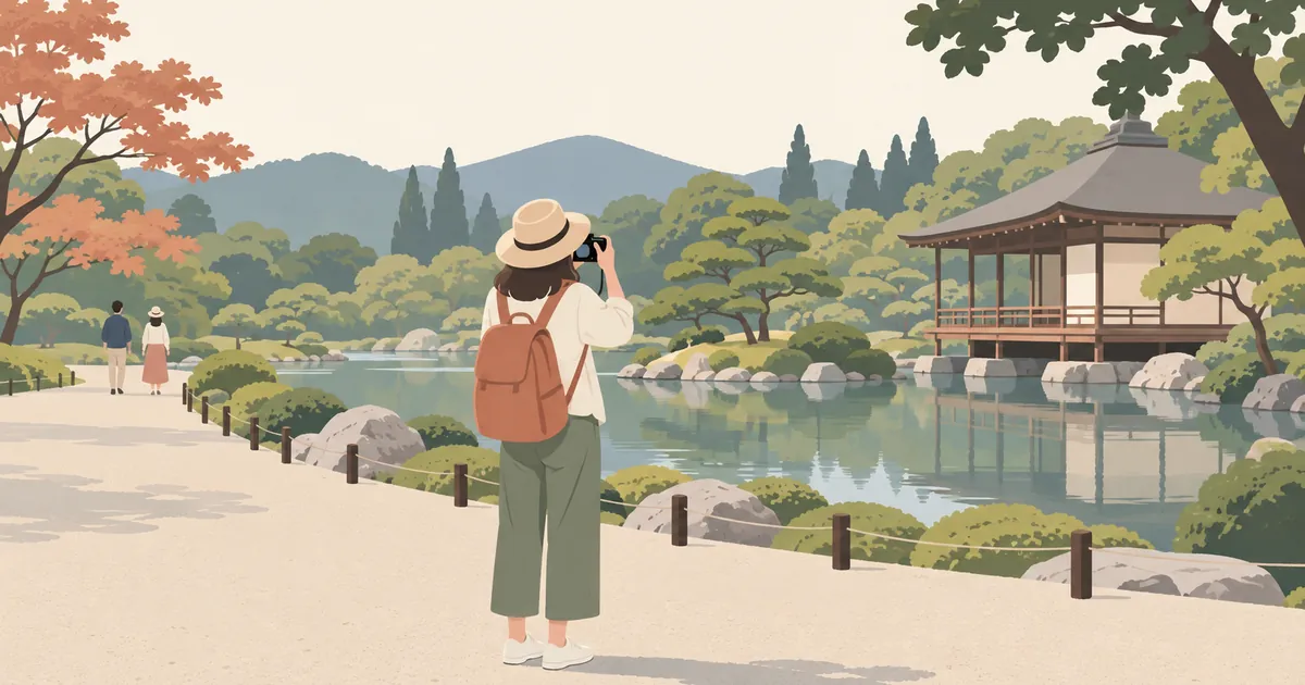 庭園の道の端から景色を撮影する旅行者
