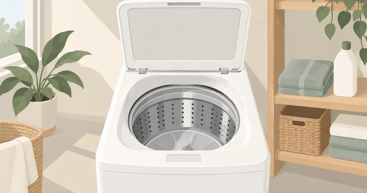 ふたを開けた清潔な洗濯槽と掃除用品