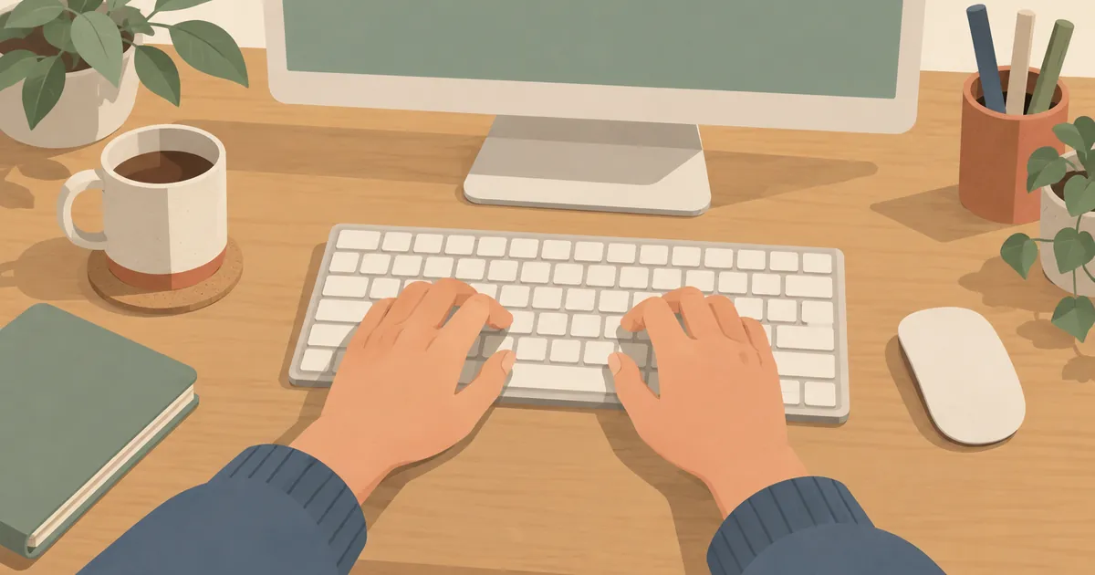 キーボードに両手を置いてパソコンを操作する様子