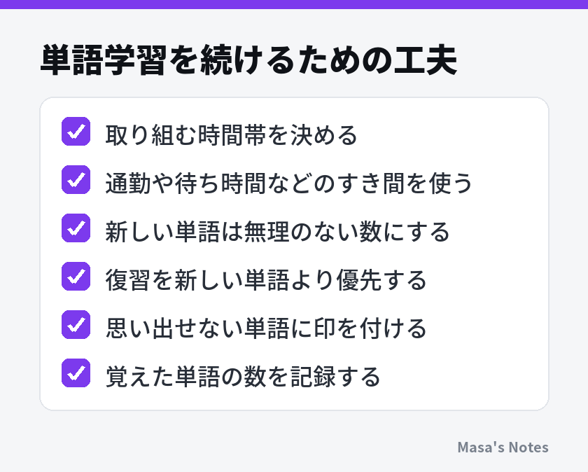 単語学習を続けるための工夫（取り組む時間帯を決める、通勤や待ち時間などのすき間を使う、新しい単語は無理のない数にする、復習を新しい単語より優先する、思い出せない単語に印を付ける、覚えた単語の数を記録する）