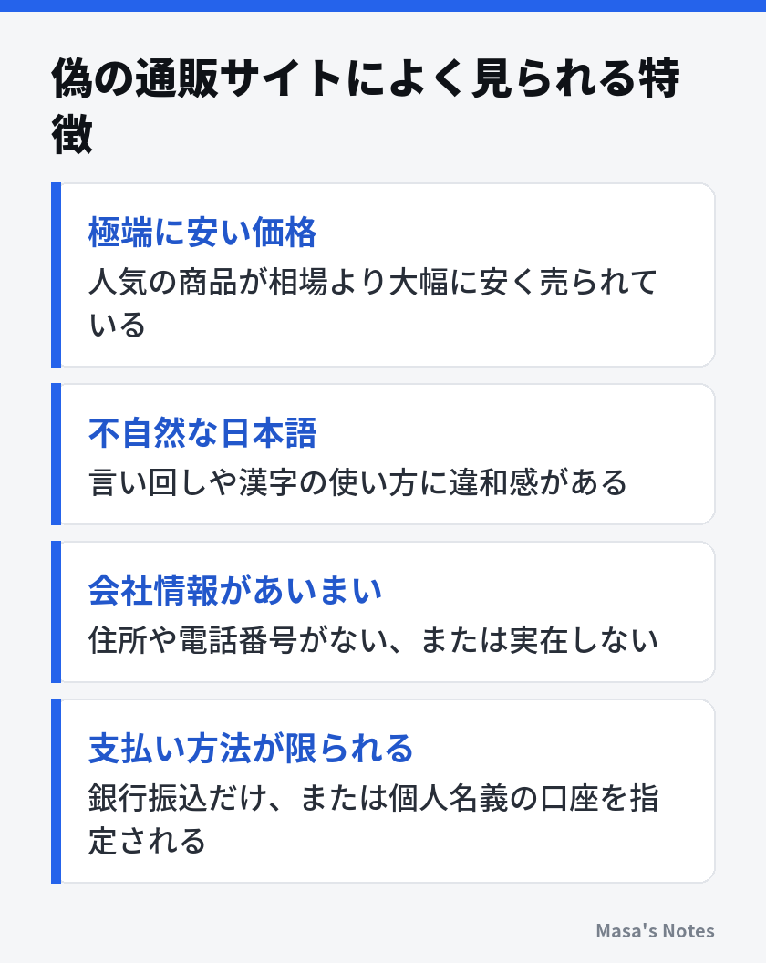 偽の通販サイトによく見られる特徴（極端に安い価格、不自然な日本語、会社情報があいまい、支払い方法が限られる）