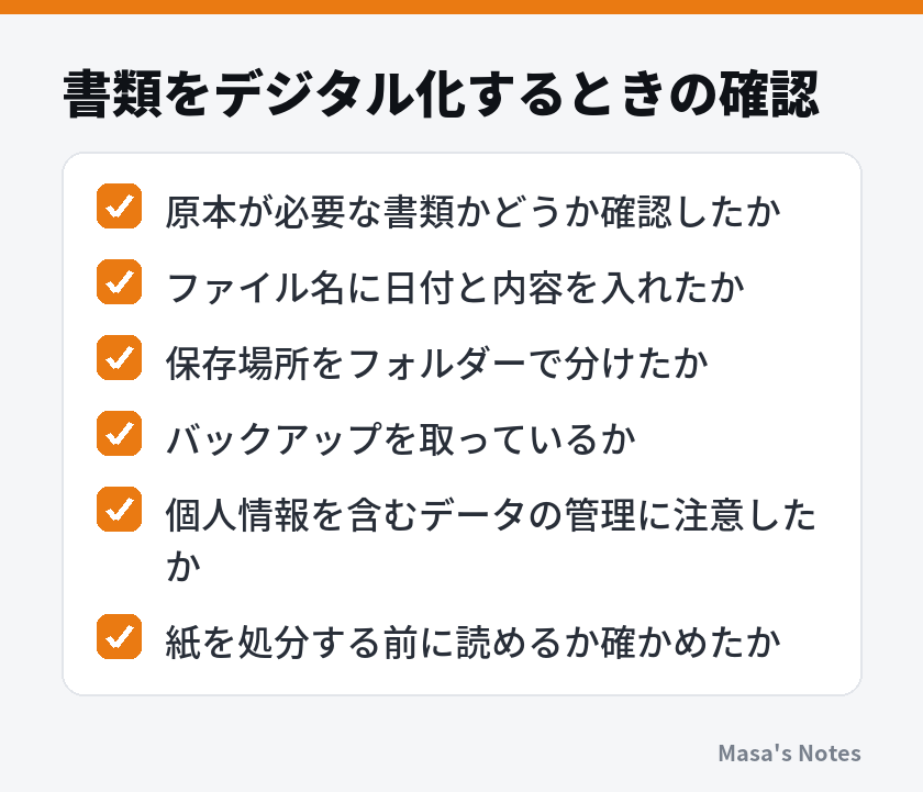 書類をデジタル化するときの確認（原本が必要な書類かどうか確認したか、ファイル名に日付と内容を入れたか、保存場所をフォルダーで分けたか、バックアップを取っているか、個人情報を含むデータの管理に注意したか、紙を処分する前に読めるか確かめたか）
