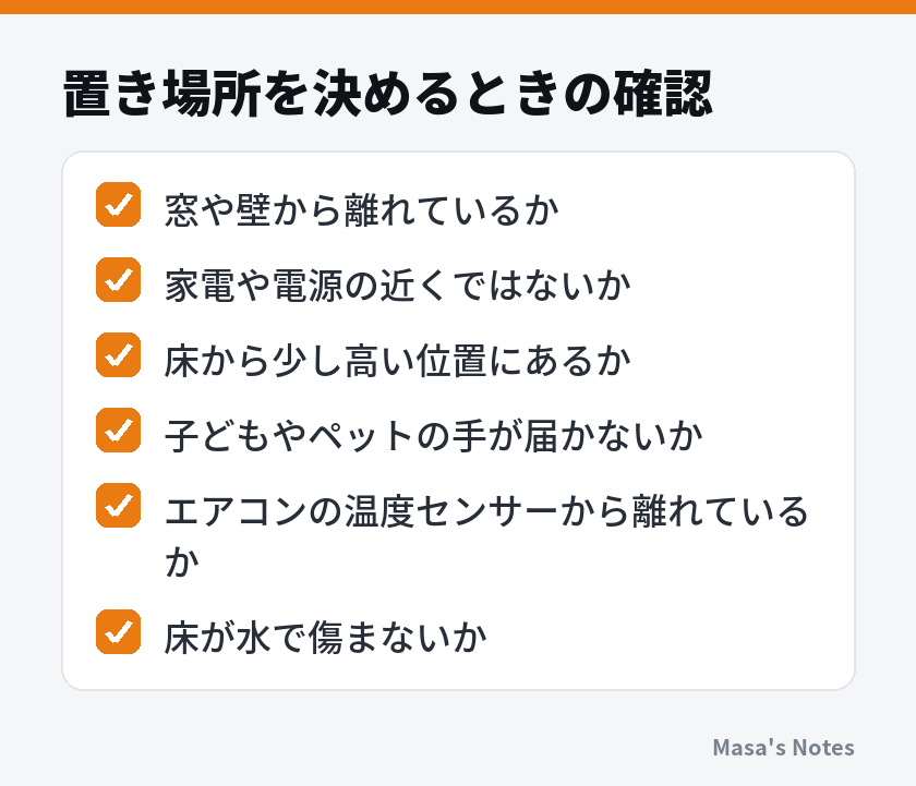 置き場所を決めるときの確認（窓や壁から離れているか、家電や電源の近くではないか、床から少し高い位置にあるか、子どもやペットの手が届かないか、エアコンの温度センサーから離れているか、床が水で傷まないか）