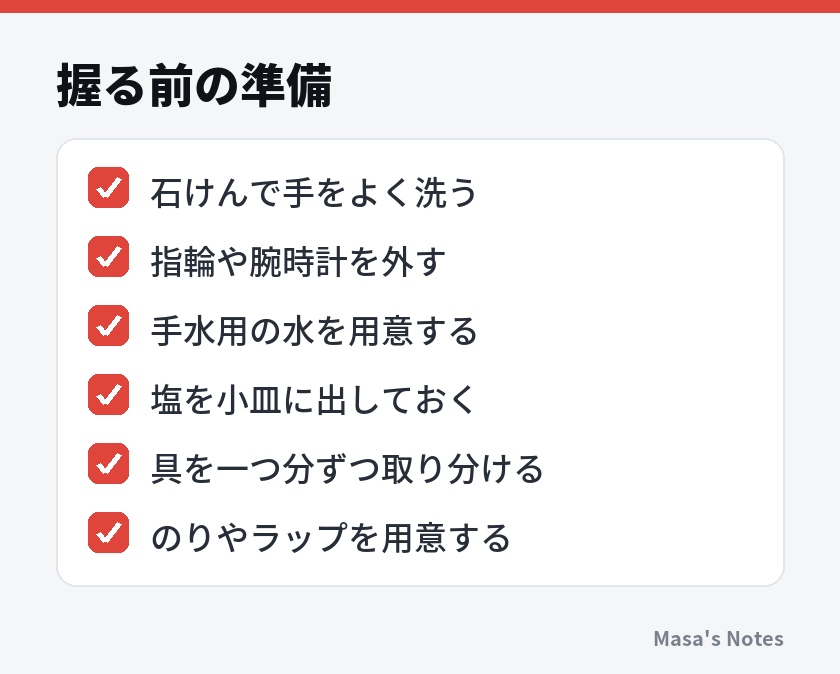 握る前の準備（石けんで手をよく洗う、指輪や腕時計を外す、手水用の水を用意する、塩を小皿に出しておく、具を一つ分ずつ取り分ける、のりやラップを用意する）