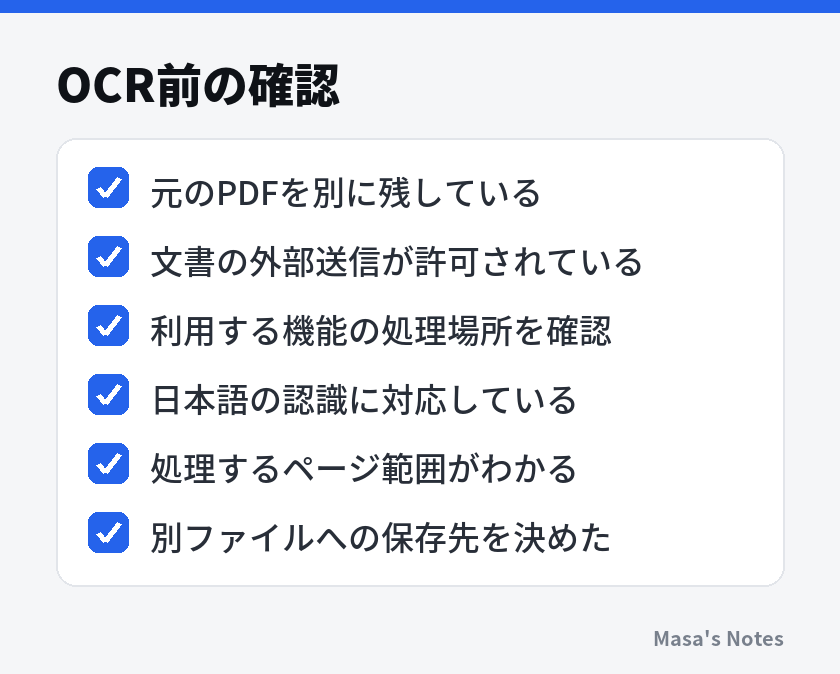 OCR前の確認（元のPDFを別に残している、文書の外部送信が許可されている、利用する機能の処理場所を確認、日本語の認識に対応している、処理するページ範囲がわかる、別ファイルへの保存先を決めた）