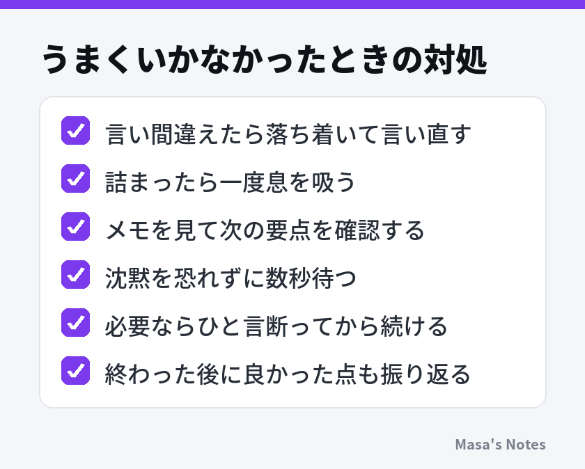 うまくいかなかったときの対処（言い間違えたら落ち着いて言い直す、詰まったら一度息を吸う、メモを見て次の要点を確認する、沈黙を恐れずに数秒待つ、必要ならひと言断ってから続ける、終わった後に良かった点も振り返る）
