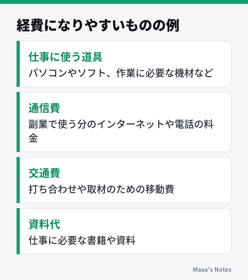 経費になりやすいものの例（仕事に使う道具、通信費、交通費、資料代）