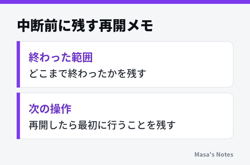 中断前に残す再開メモ（終わった範囲、次の操作）