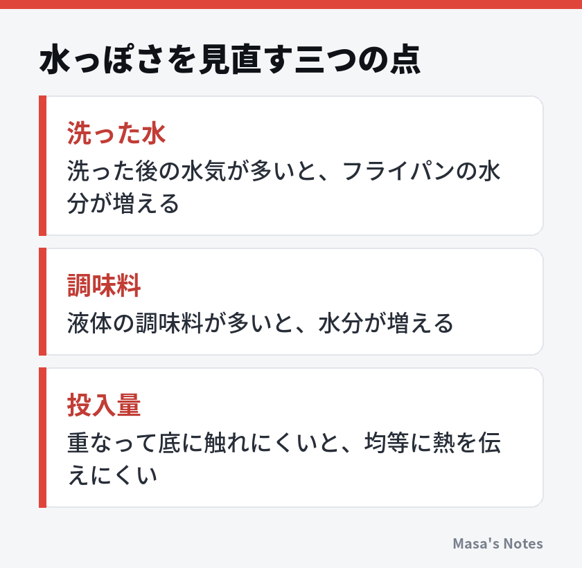 水っぽさを見直す三つの点（洗った水、調味料、投入量）