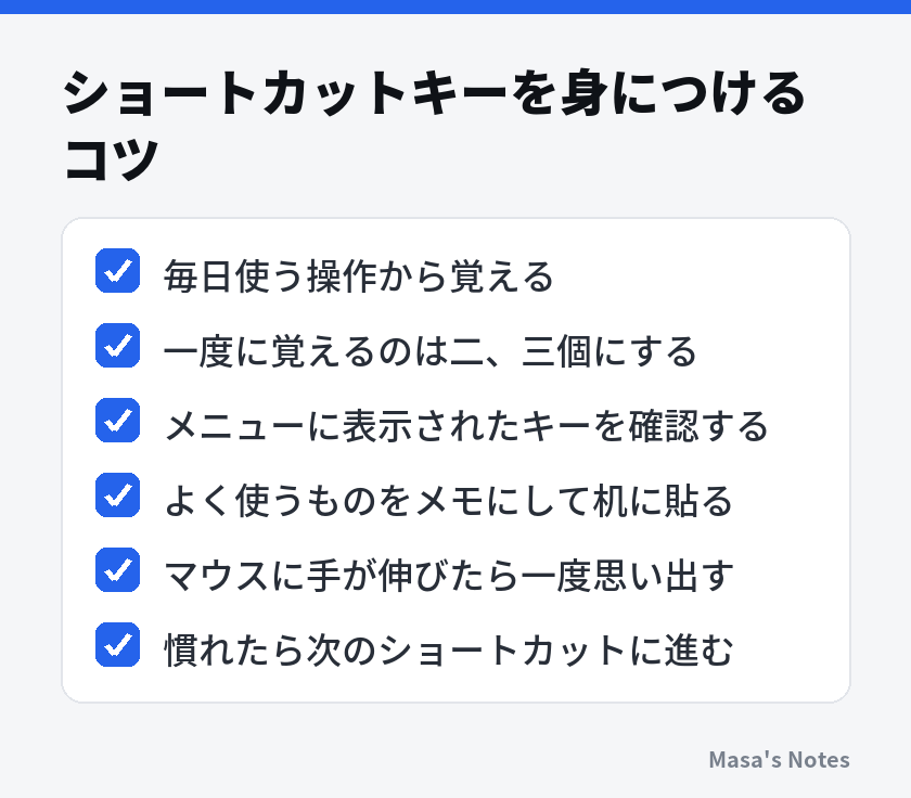 ショートカットキーを身につけるコツ（毎日使う操作から覚える、一度に覚えるのは二、三個にする、メニューに表示されたキーを確認する、よく使うものをメモにして机に貼る、マウスに手が伸びたら一度思い出す、慣れたら次のショートカットに進む）