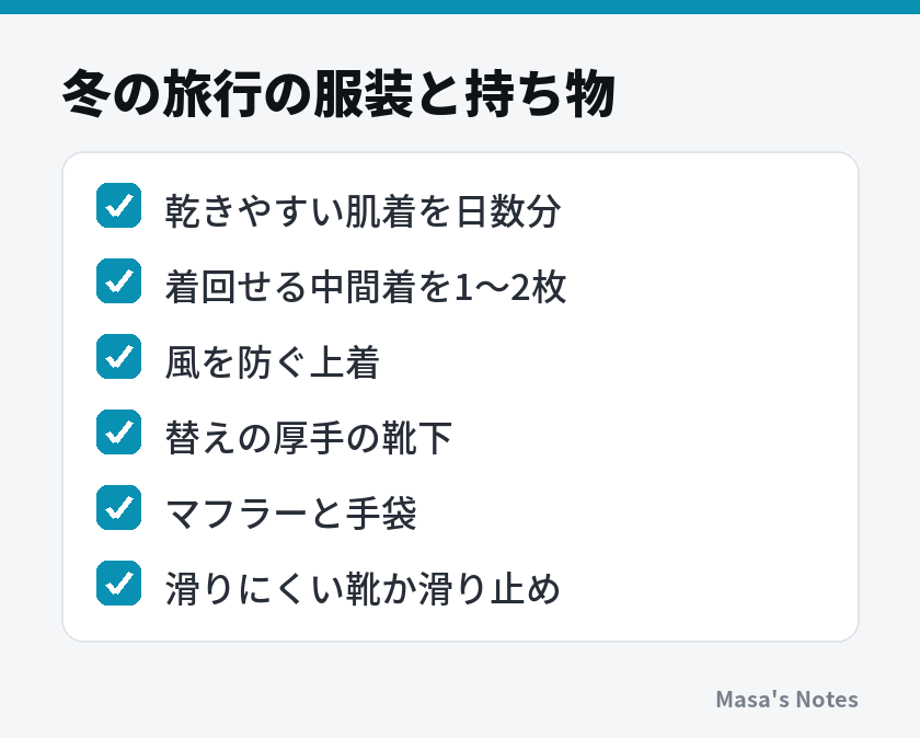 冬の旅行の服装と持ち物（乾きやすい肌着を日数分、着回せる中間着を1〜2枚、風を防ぐ上着、替えの厚手の靴下、マフラーと手袋、滑りにくい靴か滑り止め）