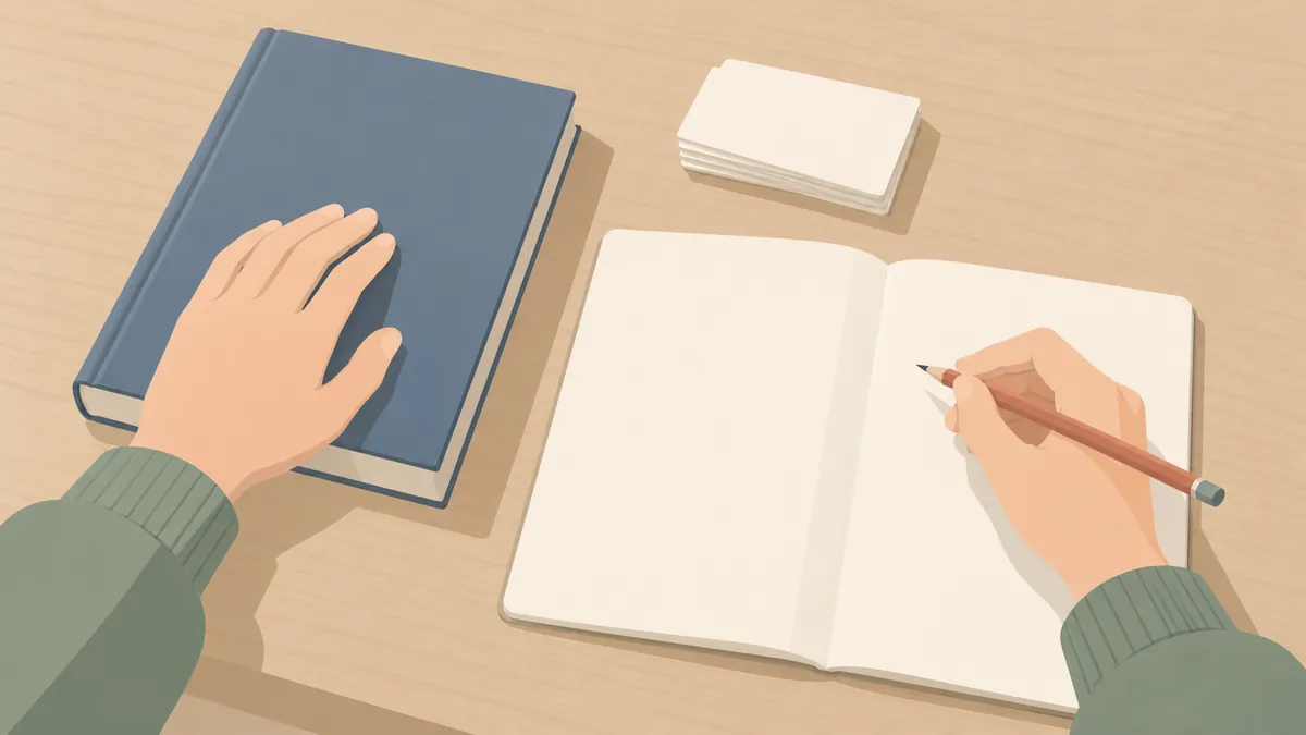 閉じた教材の横でノートに書こうとする手元