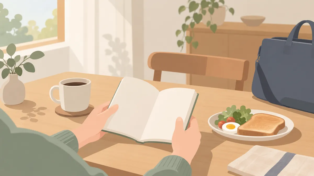 朝の短い時間に本を開いて学ぶ手元