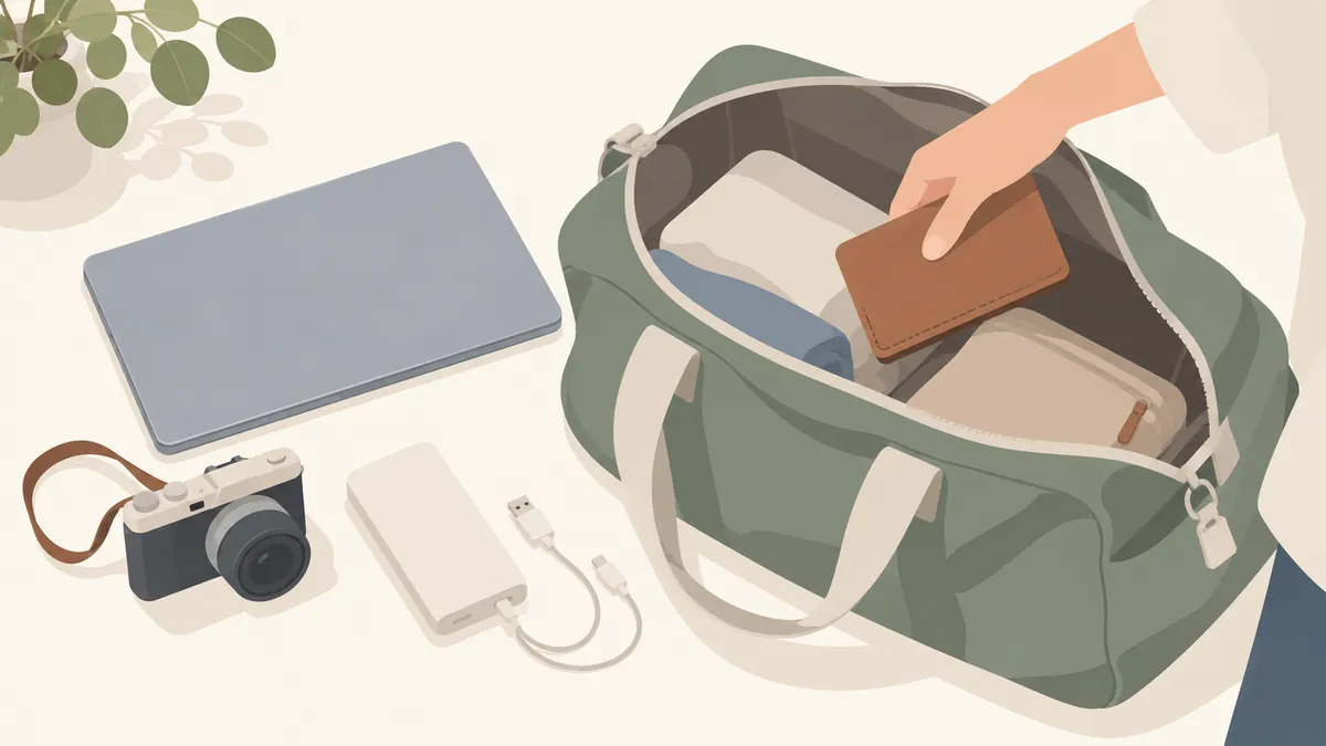 手荷物に財布や電子機器をまとめる様子
