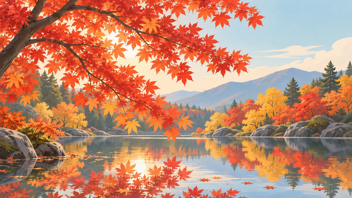 逆光に透ける赤いカエデと、池の水面に映る紅葉