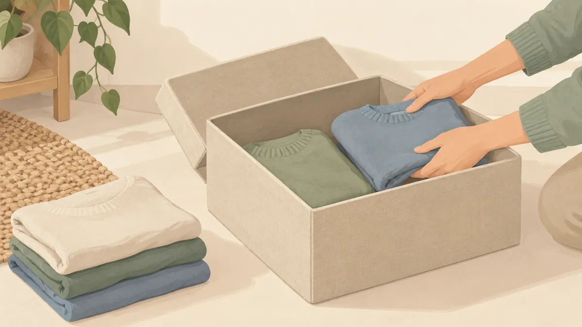 畳んだ服をふた付きの収納箱に入れる手元