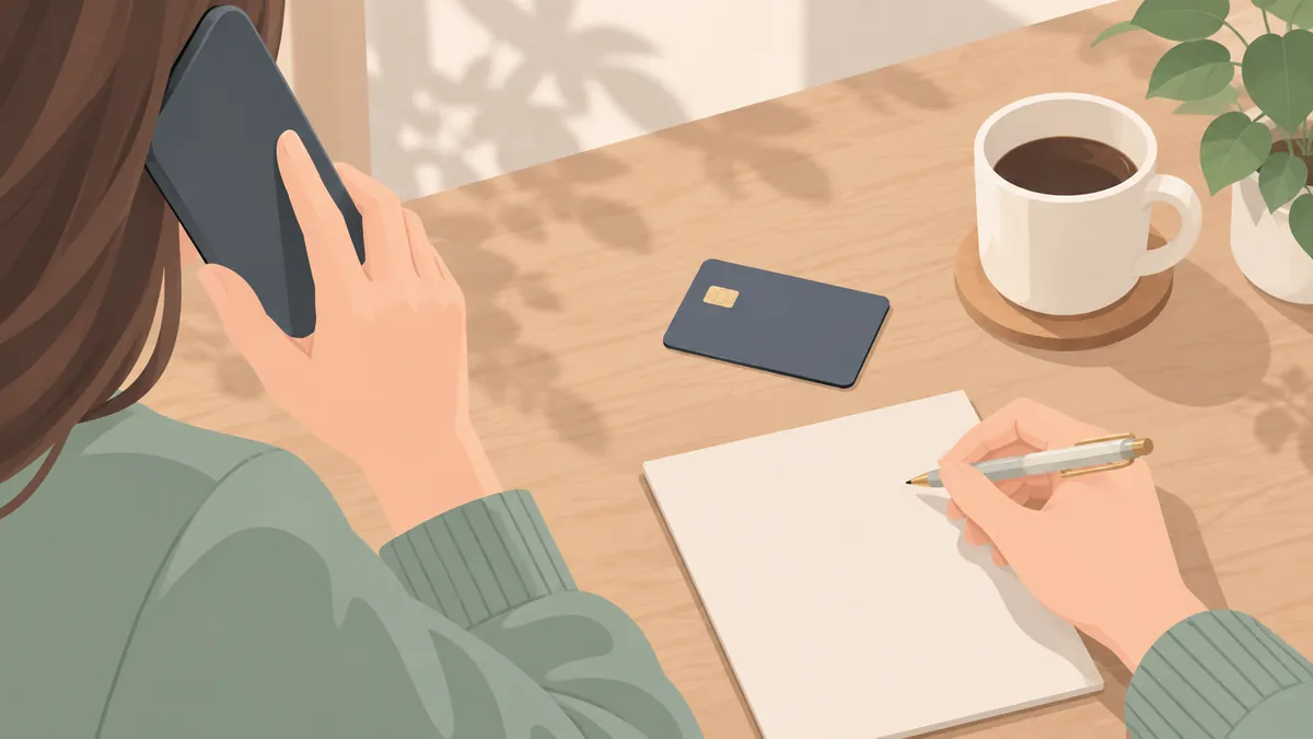 カードを机に置き、スマホで問い合わせの電話をする手元