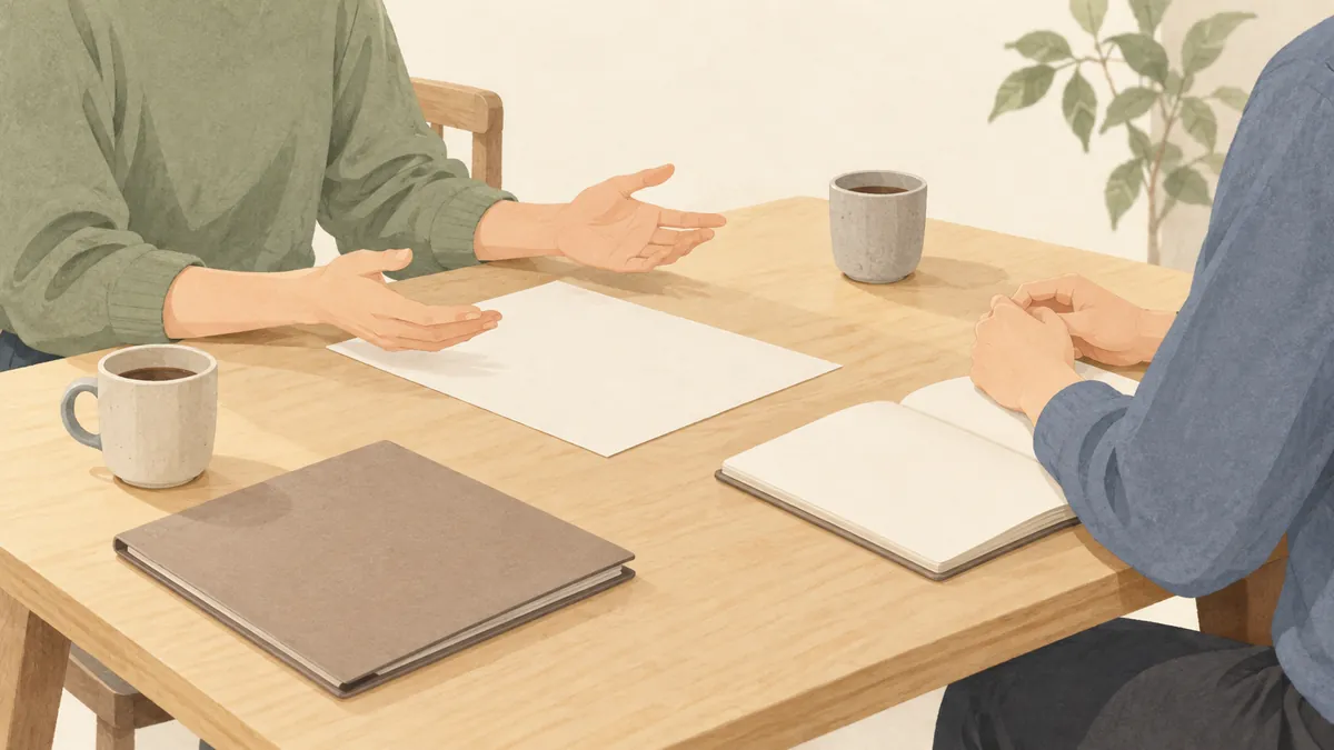 資料を挟み穏やかに話し合う二人の手元