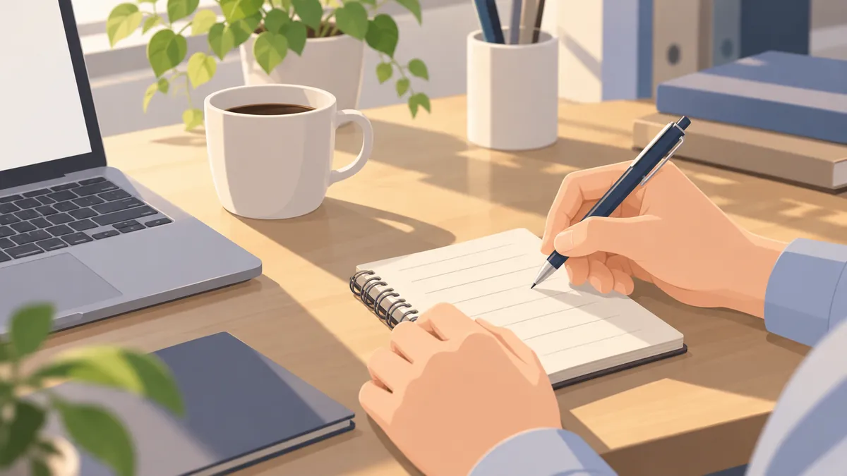 仕事の合間にデスクのノートへ一行メモを書く手元