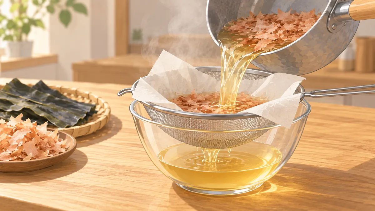キッチンペーパーを敷いたざるで、かつお節のだしを静かにこす手元