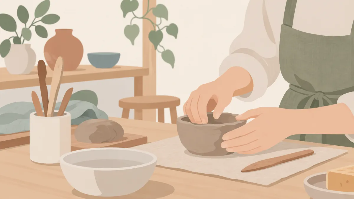 陶芸の体験教室で少量の粘土に触れる手元
