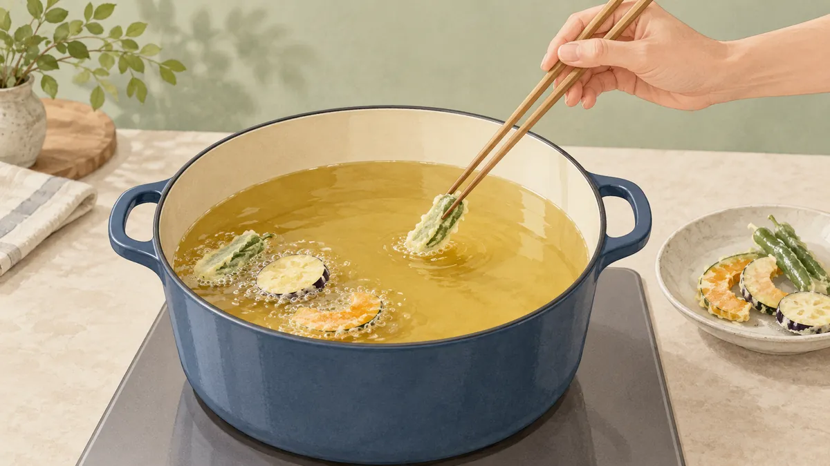 油の表面に余裕を残して野菜を少しずつ揚げる手元