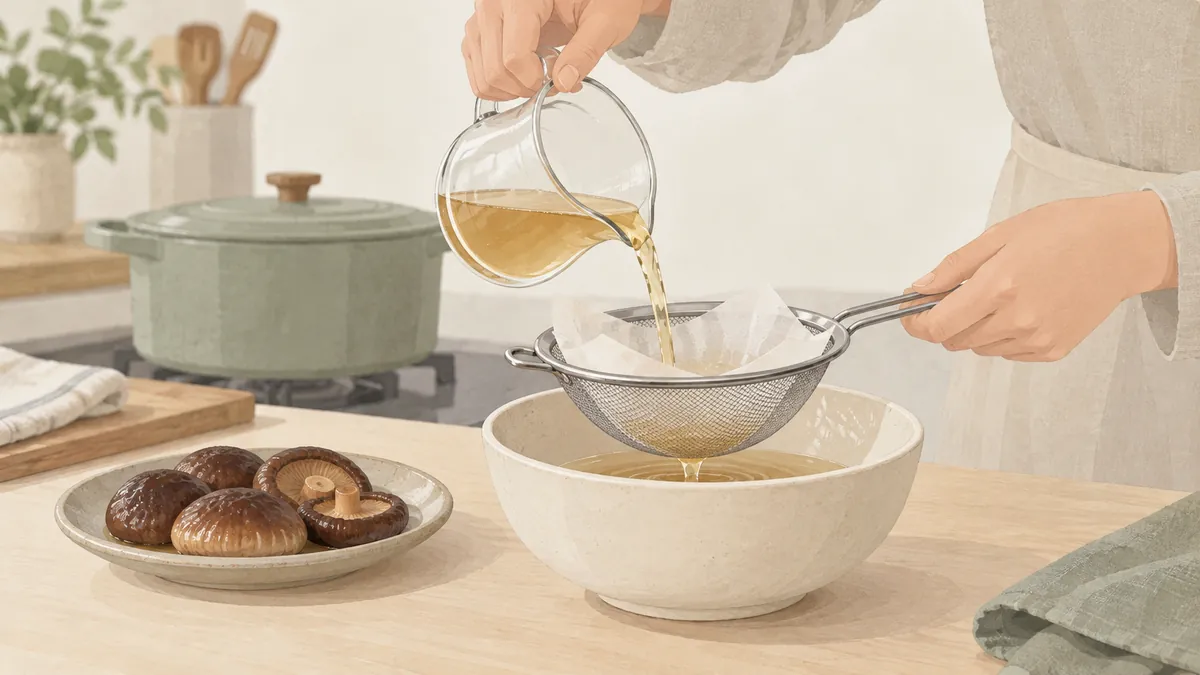 しいたけの戻し汁をこし器で器にこす手元