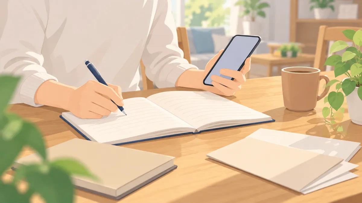 家計簿のノートとスマホを見比べて書き込む手元