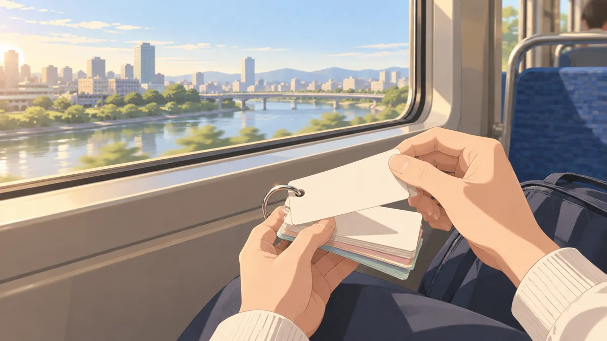 朝の電車の座席で単語カードをめくる手元