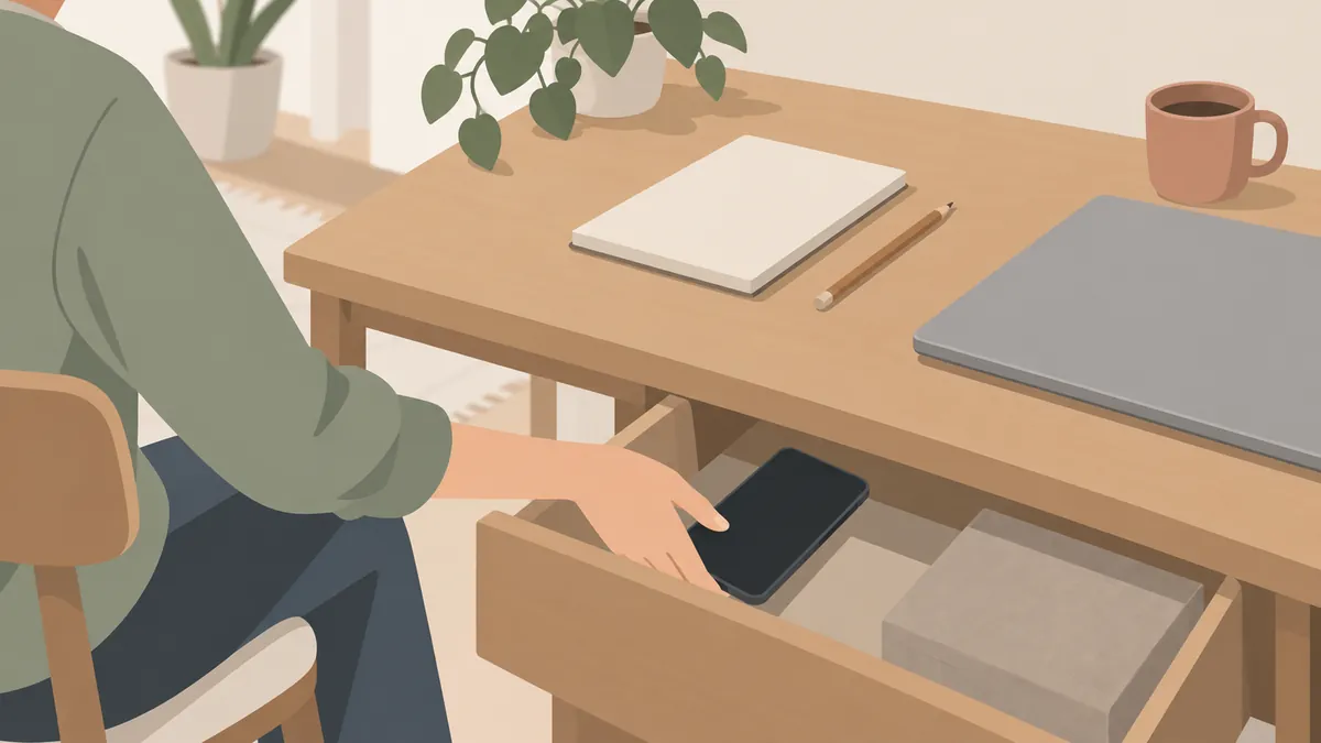 集中する前にスマホを引き出しへしまう手元