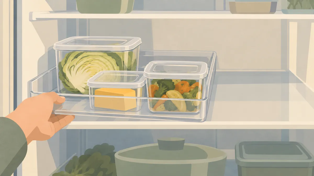 使いかけの食品をまとめたトレーを引き出す手元