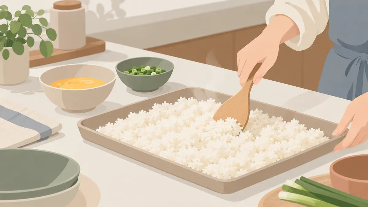 バットに広げたご飯をしゃもじで軽くほぐす手元