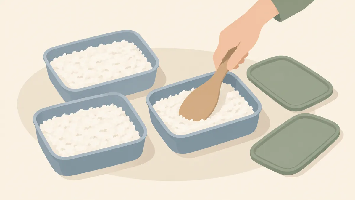 一食分のご飯を浅い容器に平らに整える手元