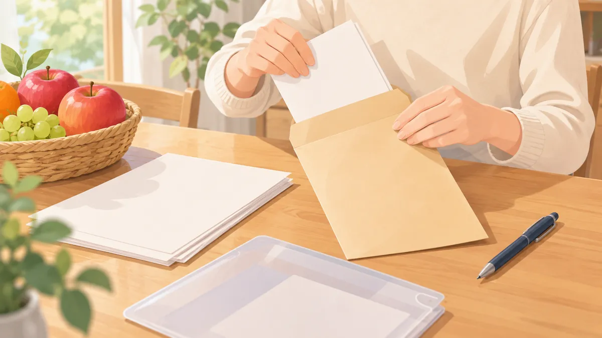 テーブルで申請書類を返信用の封筒に入れる手元