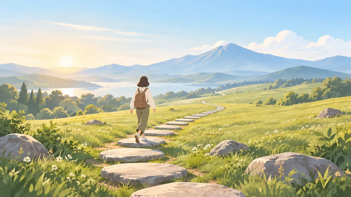 遠くの山へ続く小道の飛び石を一歩ずつ進む人の後ろ姿