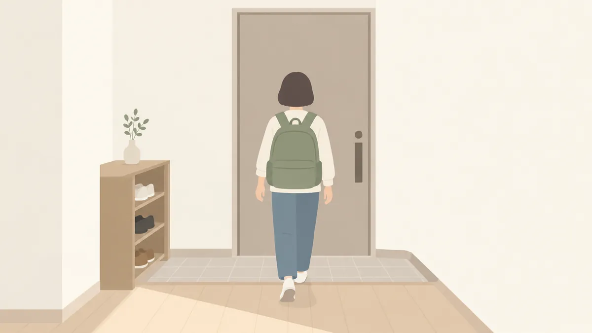 持ち出し袋を背負って玄関へ歩く人