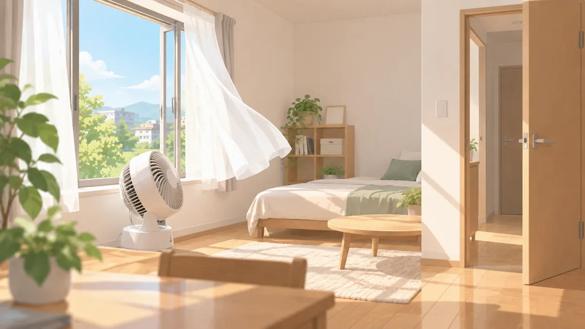 窓のそばに外向きに置いたサーキュレーターと少し開けたドア