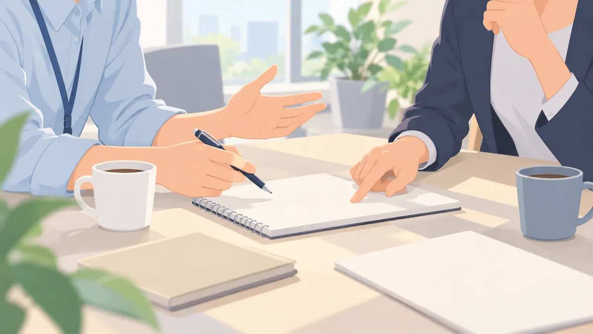 打ち合わせテーブルでメモを指しながら相談する二人の手元
