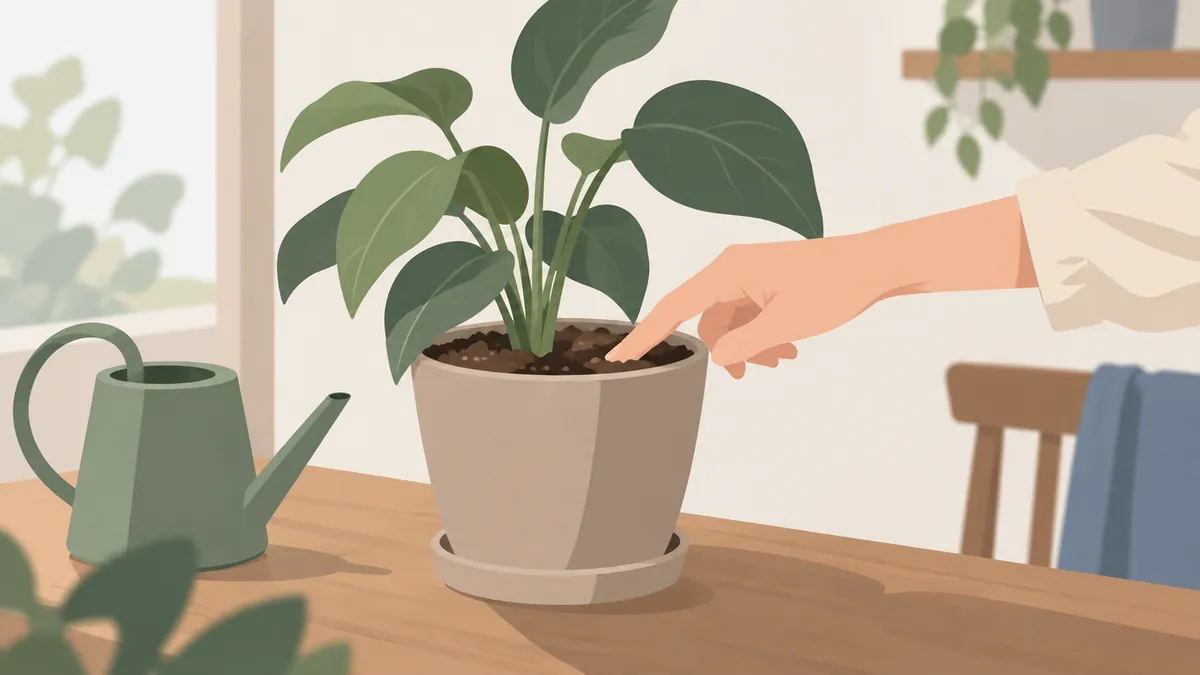 鉢植えの土の乾き具合を指で確かめる手元